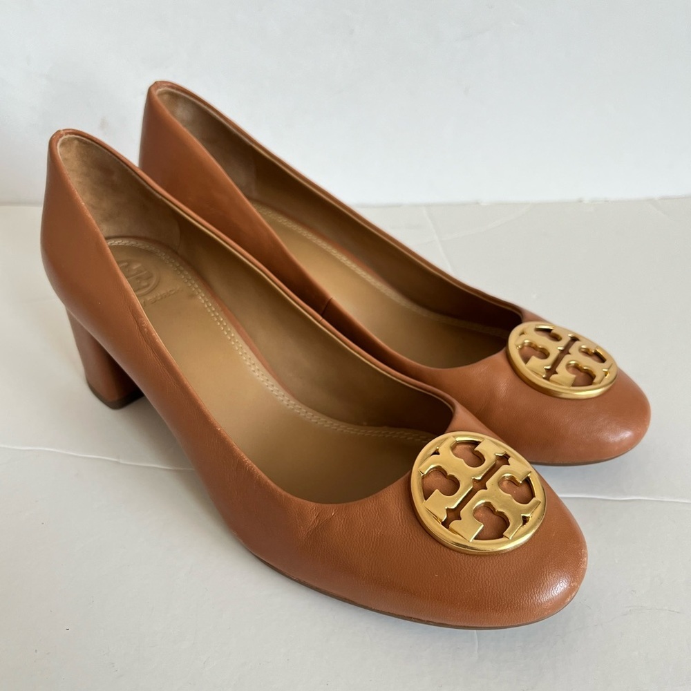 Tory Burch Tan Leather Block Heel Pumps Size 7.5 - Picture 2 of 11